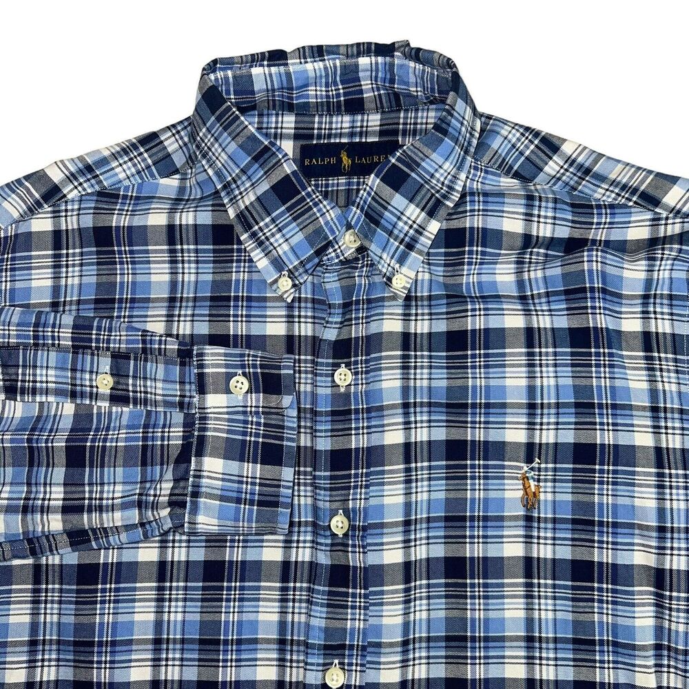 Ralph Lauren Mens Blue Plaid Thick Long Sleeve Buton Down Shirt Large
